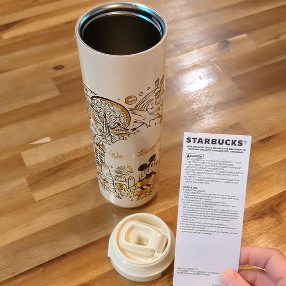 Starbucks Walt Disney World Cream and Gold Water Bottle with Whimsical Design - Picture 10 of 12